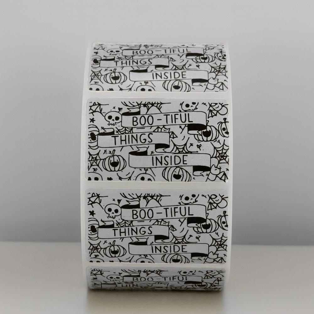 100 Boo-tiful Things Inside Stickers Roll 2x1 inch – Halloween Packaging Labels